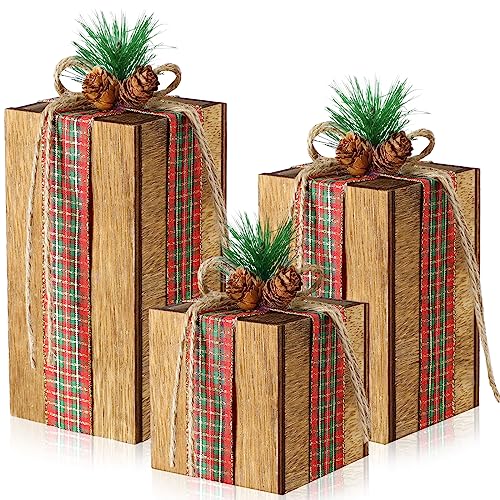 3 Pack Christmas Wooden Gift Box Table Centerpieces - Brown, 4