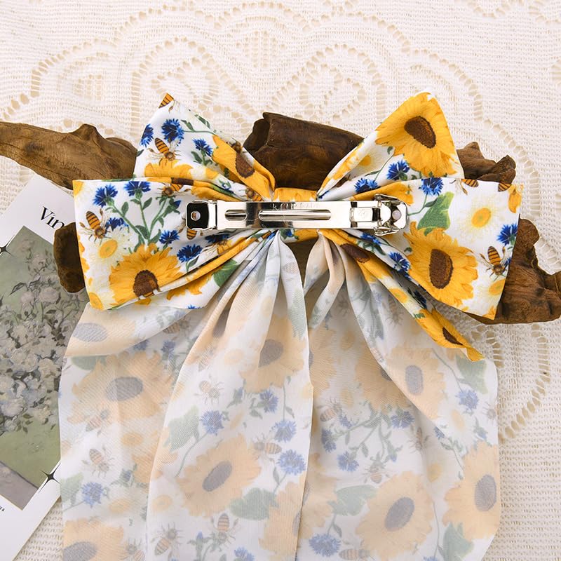 Sudaporn Sunflower Print Large Hair Bow Clip Long Tail Floral Barrettes