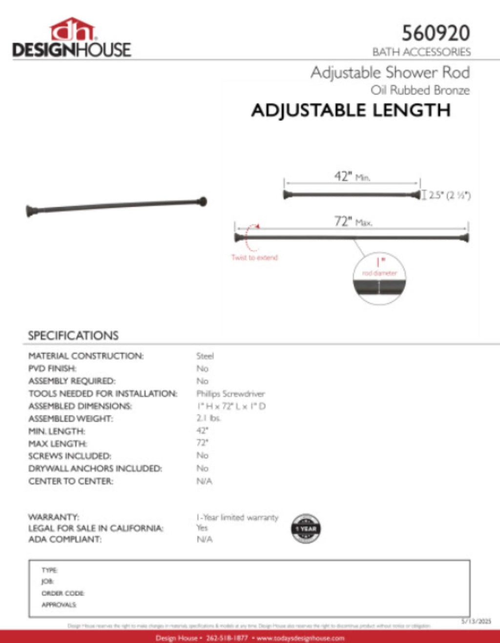 Design House 560920 Classic Adjustable 42 to 72-inch Shower Rod for Bathroom in Oil Rubbed Bronze