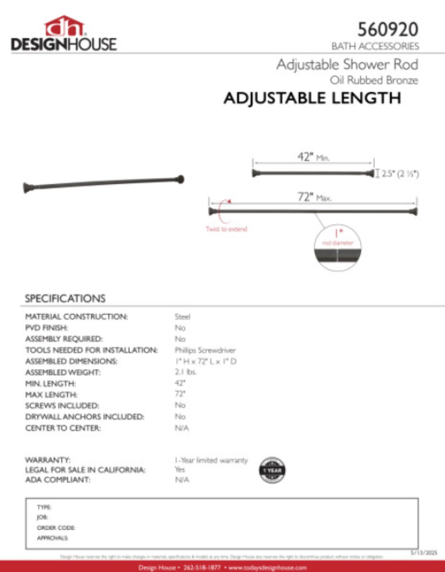 Design House 560920 Classic Adjustable 42 to 72-inch Shower Rod for Bathroom in Oil Rubbed Bronze