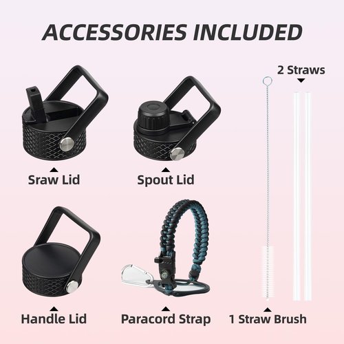 BJPKPK 1 Gallon Water Bottle Insulated with Straw Lid, 128oz Large, Stainless Steel Water Bottles with 3 Lids and Paracord Strap, Double Wall Vacuum Metal Water Jug,Black