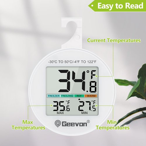 Geevon Small Digital Refrigerator Thermometer 2 Pack, IP65 Waterproof Commercial and Home Use, Max/Min Record Function with LCD Screen, Stand and Magnetic Back, for Fridge, Freezer Scenarios