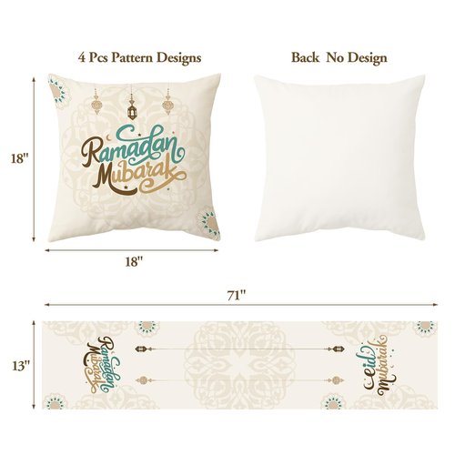 CABEST Ramadan Decorations for Home 2026 - Table Runner & 4Pcs Pillow Covers (18" x 18" (Pack of 5))