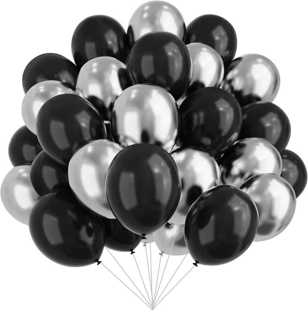 Skiennix 12-Inch Metallic Black & Silver Balloons - 67pcs for Birthday, Baby Shower & Wedding Decor
