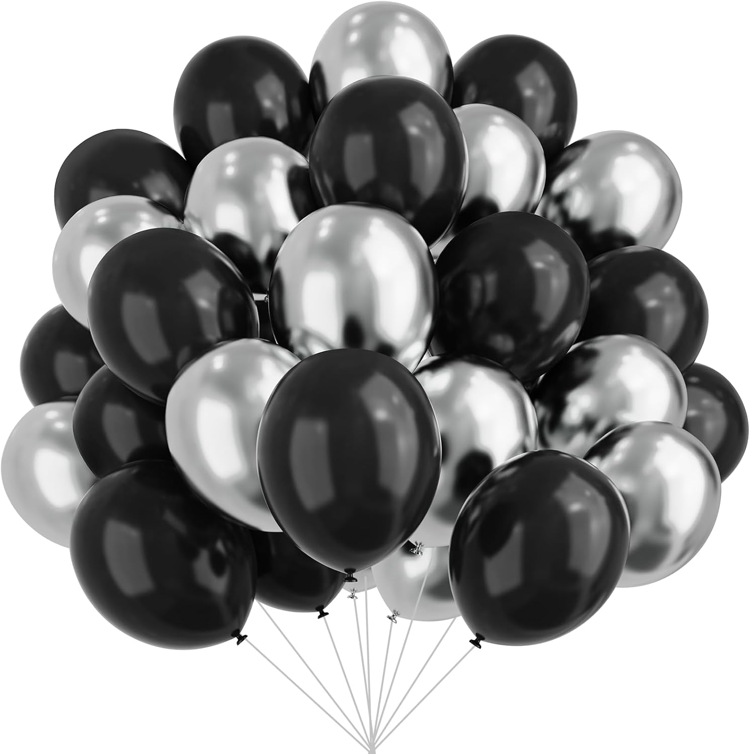 Skiennix 12-Inch Metallic Black & Silver Balloons - 67pcs for Birthday, Baby Shower & Wedding Decor