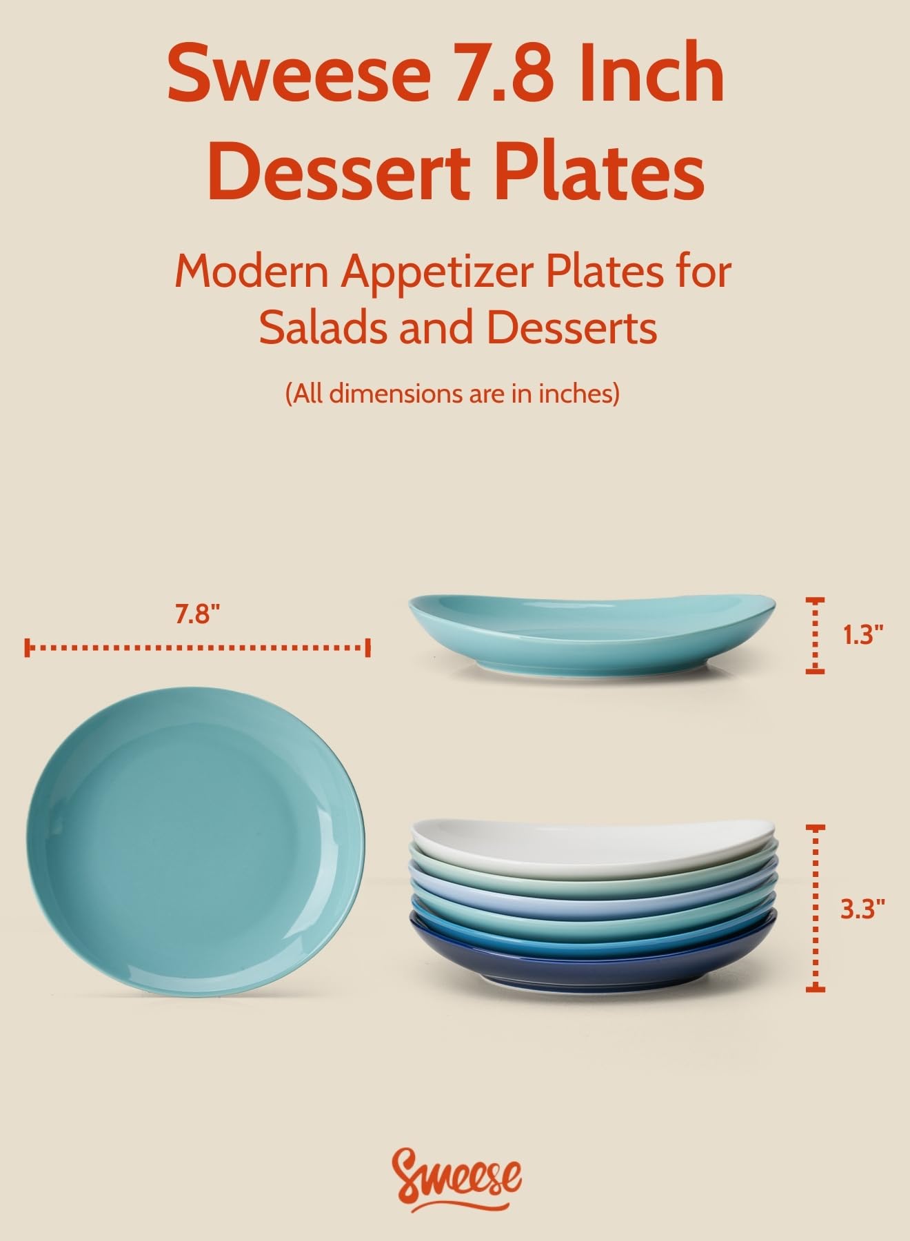 Sweese 11 Inch Porcelain Dinner Plates, Set of 6 - Beige, Vitrified China, Curve Collection, Dishwasher Microwave Safe