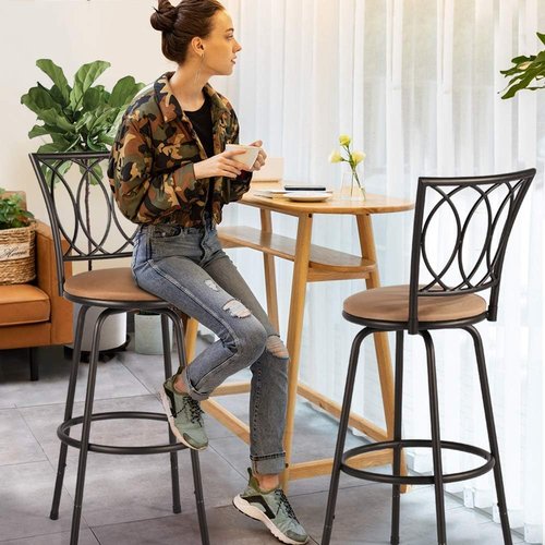 VECELO Bar Stools, 24/29" Adjustable Barstool,Swivel Counter Stool with Upholstered Seat,Steel Bistro Pub Chairs, Curved Line Backrest, Set of 2