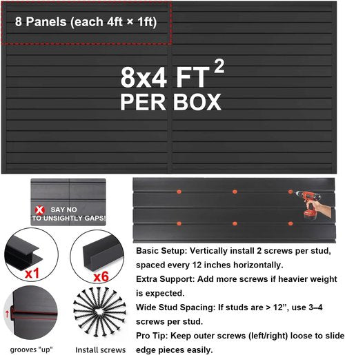 FRAYSCENT Slat Wall Paneling - Garage Tool Organizer with Wall Mount Storage | Black, 8ft x 4ft