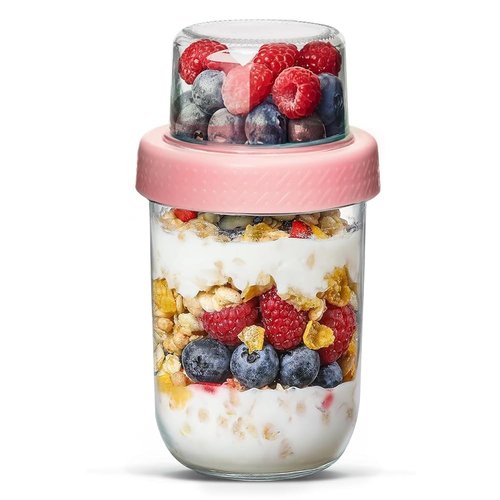 ComSaf Pink Overnight Oats Containers with Lids (16oz+4oz, 1Pcs), Glass Yogurt Parfait Cups for Cereal Nut Fruit, Dual-Layer Chia Pudding Jars with Dry and Wet Separation, Meal Prep, Glass for Salad