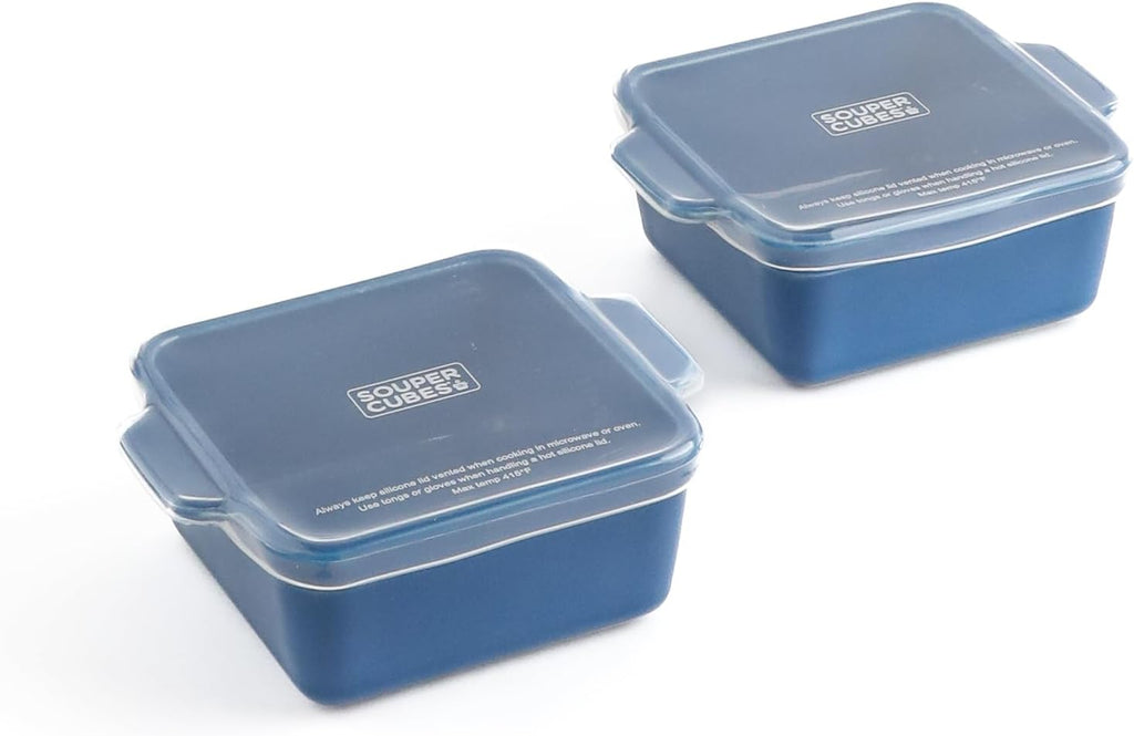 Souper Cubes Stoneware Baking Dishes - Premium Mini Ceramic Oven Dishes with Silicone Covers, Set of 2 | 5" x 5" - Blueberry