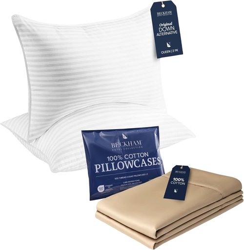 Beckham Hotel Collection Queen Pillows - Soft Down Alternative with Cotton Pillowcases | Set of 2, Sand