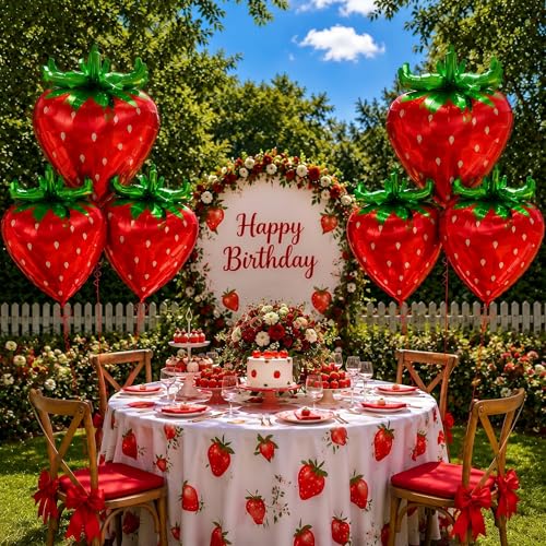 PullCrease 4D Strawberry Foil Balloons, 29-Inch Fruit Party Decor, 6 Pack