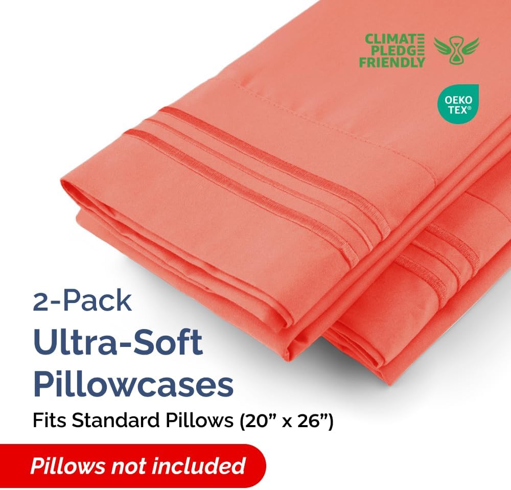 Skiennix Standard Pillow Cases Set of 2 - Ultra-Soft Hotel Quality - Comfy, Wrinkle-Free, Stain Resistant - Coral Color