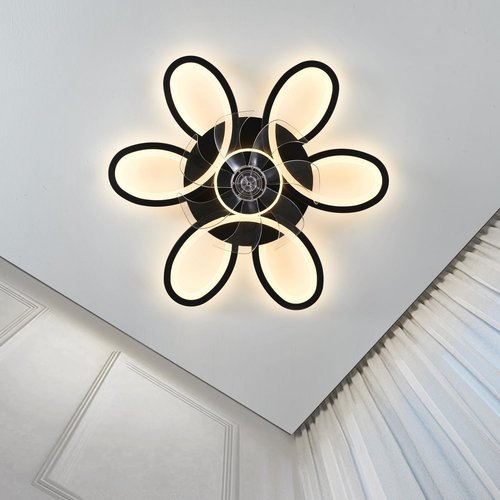 Black-Star Ring Ceiling Fans with Lights and Remote, 27 Inch Modern Low Profile Flush Mount Ceiling Fan, Dimmable LED Ceiling Light Fixture, Small Ceiling Fans for Bedroom, Kitchen, Indoor-Black