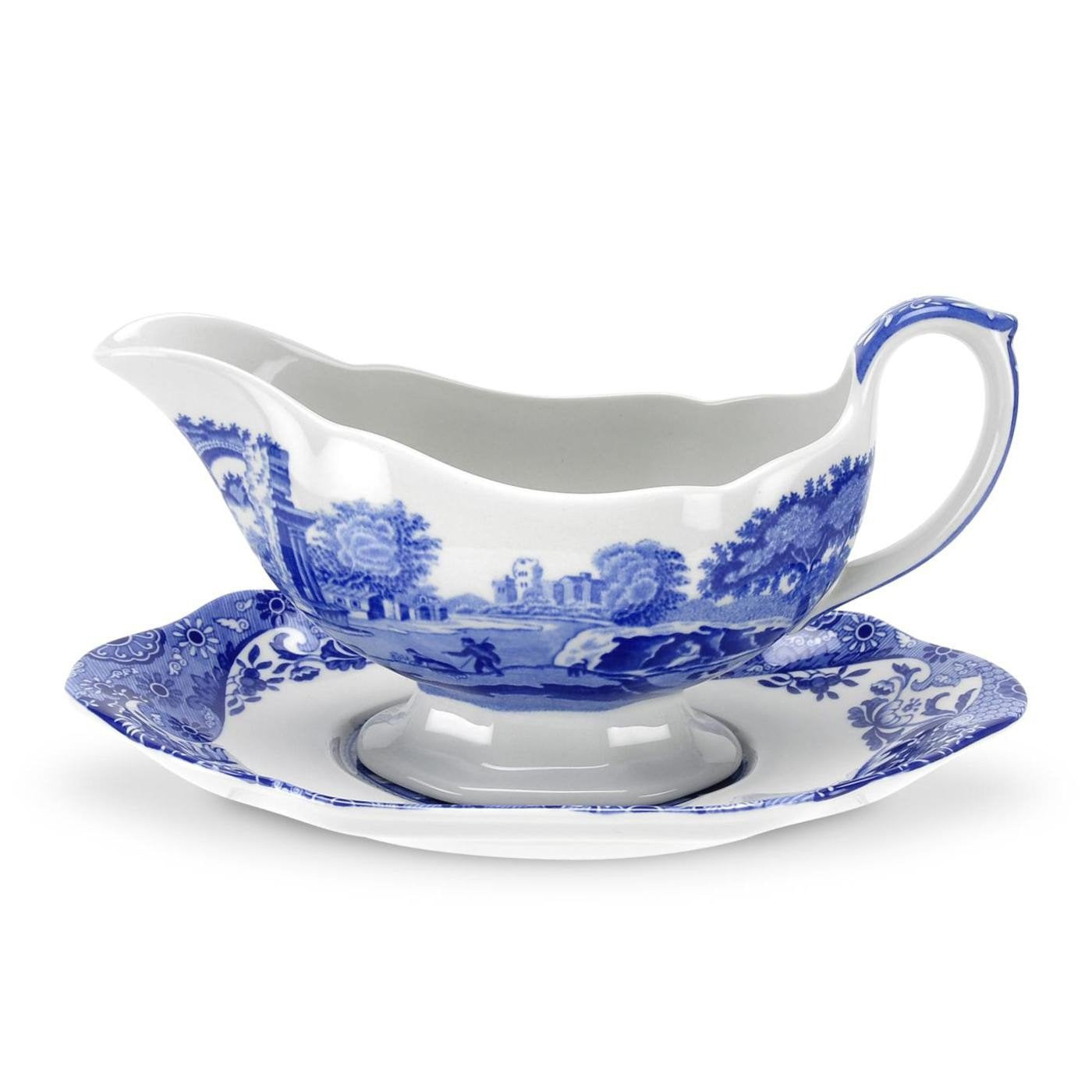 Spode Blue Italian 9 Oz Gravy Boat and Saucer, Earthenware Sauce Boat with Large Handle, Classic Countryside Design, Perfect for Gravy, Sauces, Salad Dressings, Dishwasher & Microwave Safe