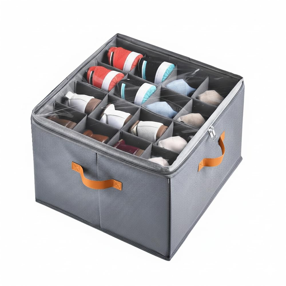 Yagizaai Foldable Shoe Organizer Box for Closet & Under-Bed, Adjustable Dividers, Holds up to 16 Pairs, Stackable, Gray with Clear Cover & Leather Handles, 17x17x12 inch