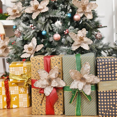 Champagne Poinsettia Christmas Flower Picks Set - Glitter Silk Decorations