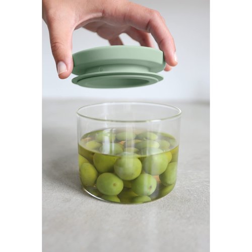 Brabantia 3pc Stackable Glass Food Jars (Mixed Colors) 0.08 + 0.16 + 0.3 Gal Heat-Safe, Dishwasher-Safe, Air-Tight Pantry Organizers
