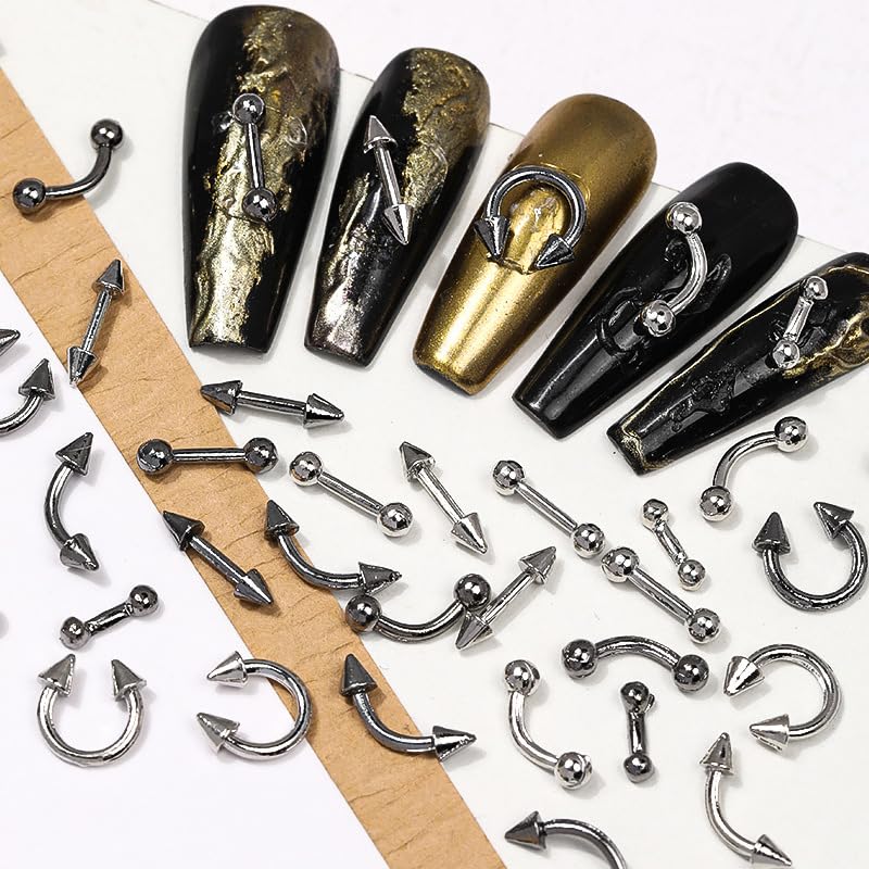 50Pcs Gothic Nail Charms Y2k Silver Piercing Spikes & Rhinestones