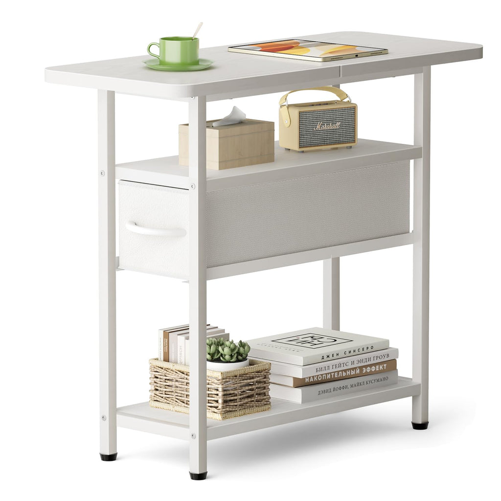 AOODA Narrow Nightstand with Drawers, 3 Tier Skinny Bedside Table for Bedroom, Slim Living Room End Tables with Storage for Small Spaces, Sofa Couch (White)