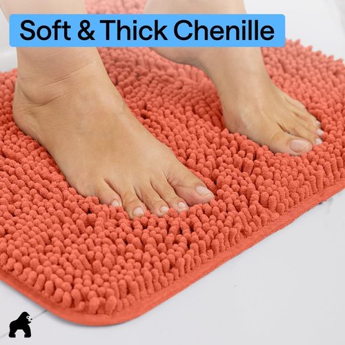 GORILLA GRIP Bath Rug Mat - Thick Soft Absorbent Chenille | Quick Dry Microfiber, 44x26 Coral