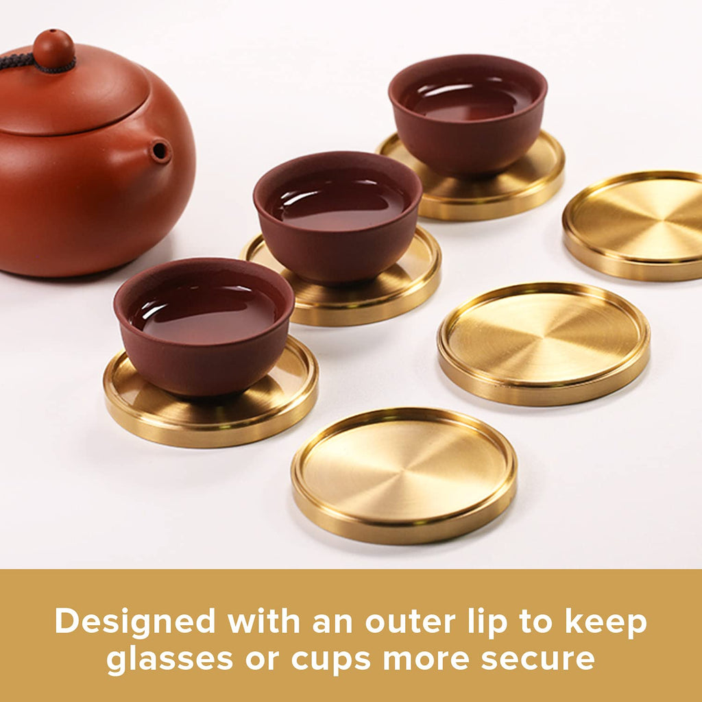 Heavy Brass Coasters for Drinks (6-Pack) - Solid Bronze Gold Coasters - Classy MCM Style Premium Coaster Set - 5 Star Hotel Table & Bar - Board Room Elegant Copper Cup Holder - L