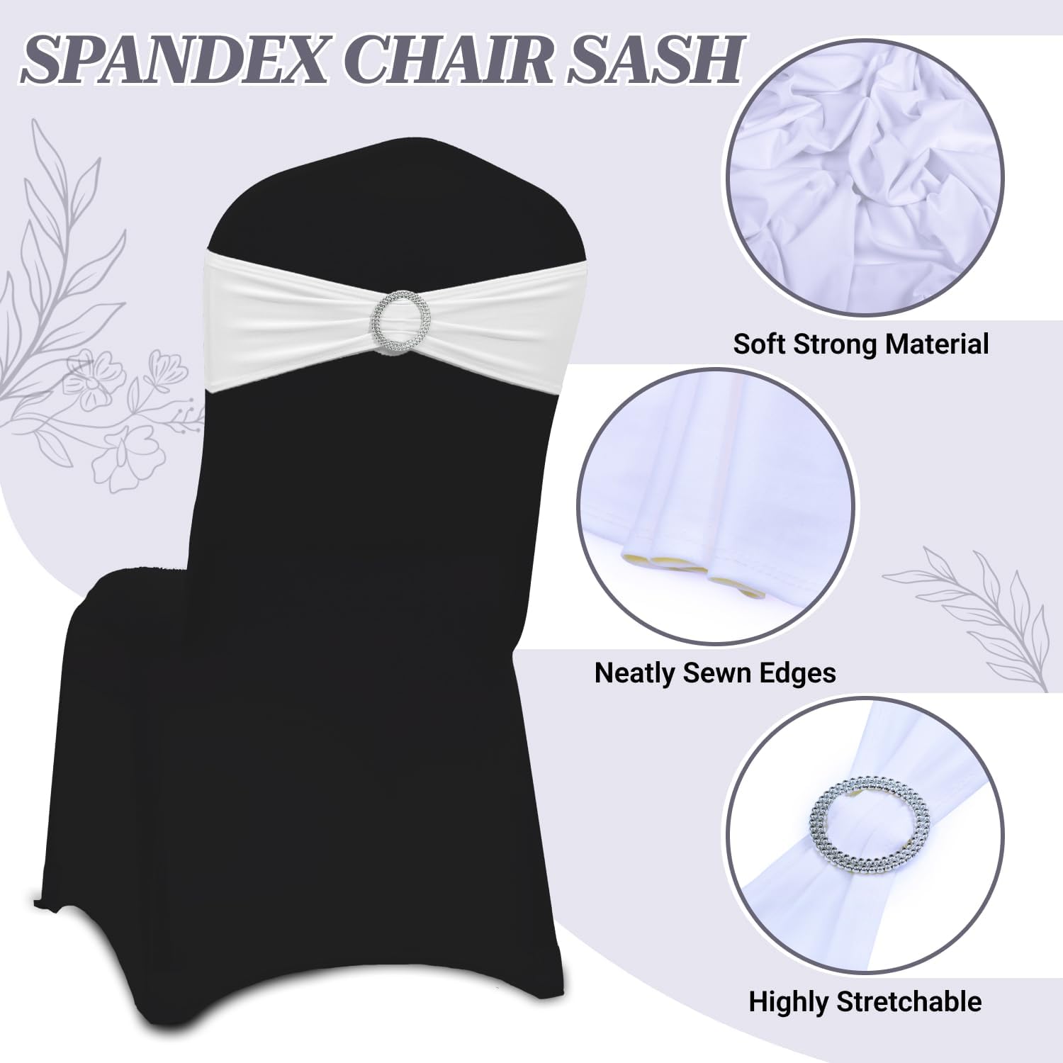 MDS Premium Stretch Spandex Chair Sashes - Pack of 50 Universal Bow Covers for Weddings & Events | White