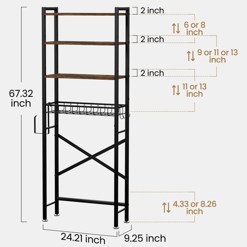 Over The Toilet Storage Cabinet, 4-Tier Bathroom Organizers and Storage with Adjustable Shelves, Freestanding Over-The-Toilet Shelf for Restroom, Laundry, Rustic Brown