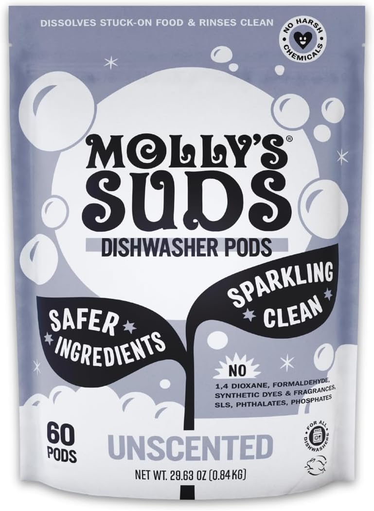 Molly's Suds Dishwasher Pods - Residue-Free Clean Detergent for Sparkling Dishes | 60 Unscented Tabs