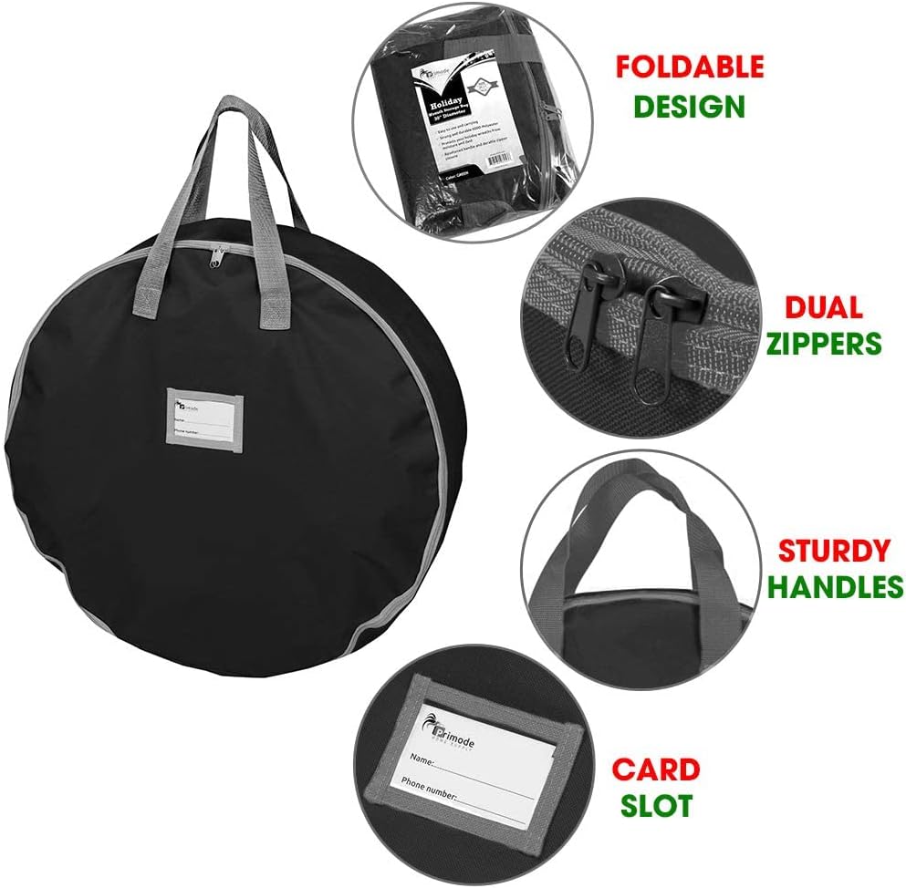 Primode Heavy Duty Christmas Wreath Storage Bag - Durable 600D Oxford Polyester - 24” Black Container with Handles