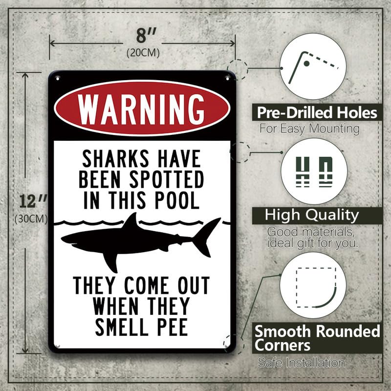 Funny Shark Warning Pool Sign - 8x12 Inch Metal Swimming Pool Decor