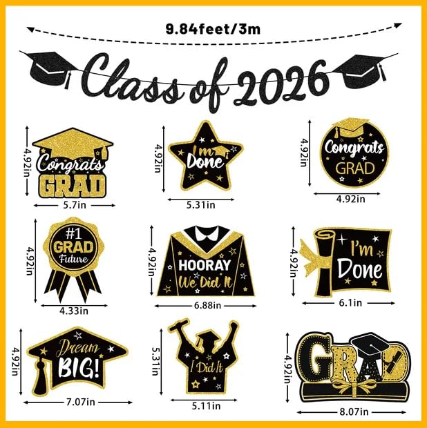 Class of 2026 Graduation Decorations Kit - Black & Gold Banner & Cutouts