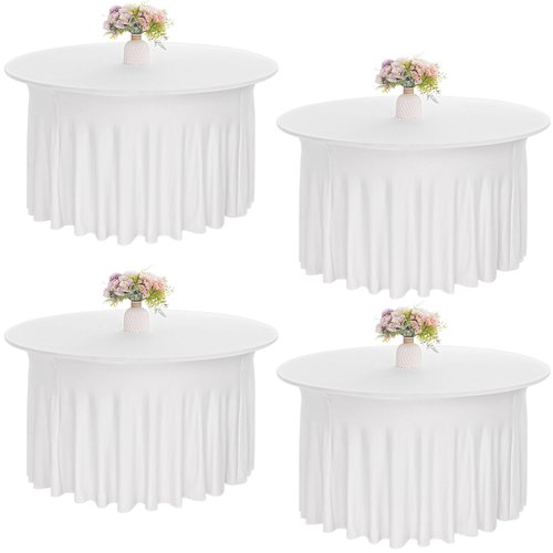 JALANCY 4 Pack 5FT Spandex Table Skirts 60 Inch Round Spandex Fitted Table Cover Washable Table Cloth for Wedding Trade Baby Shower Banquet Dining Table (White, 5FT)