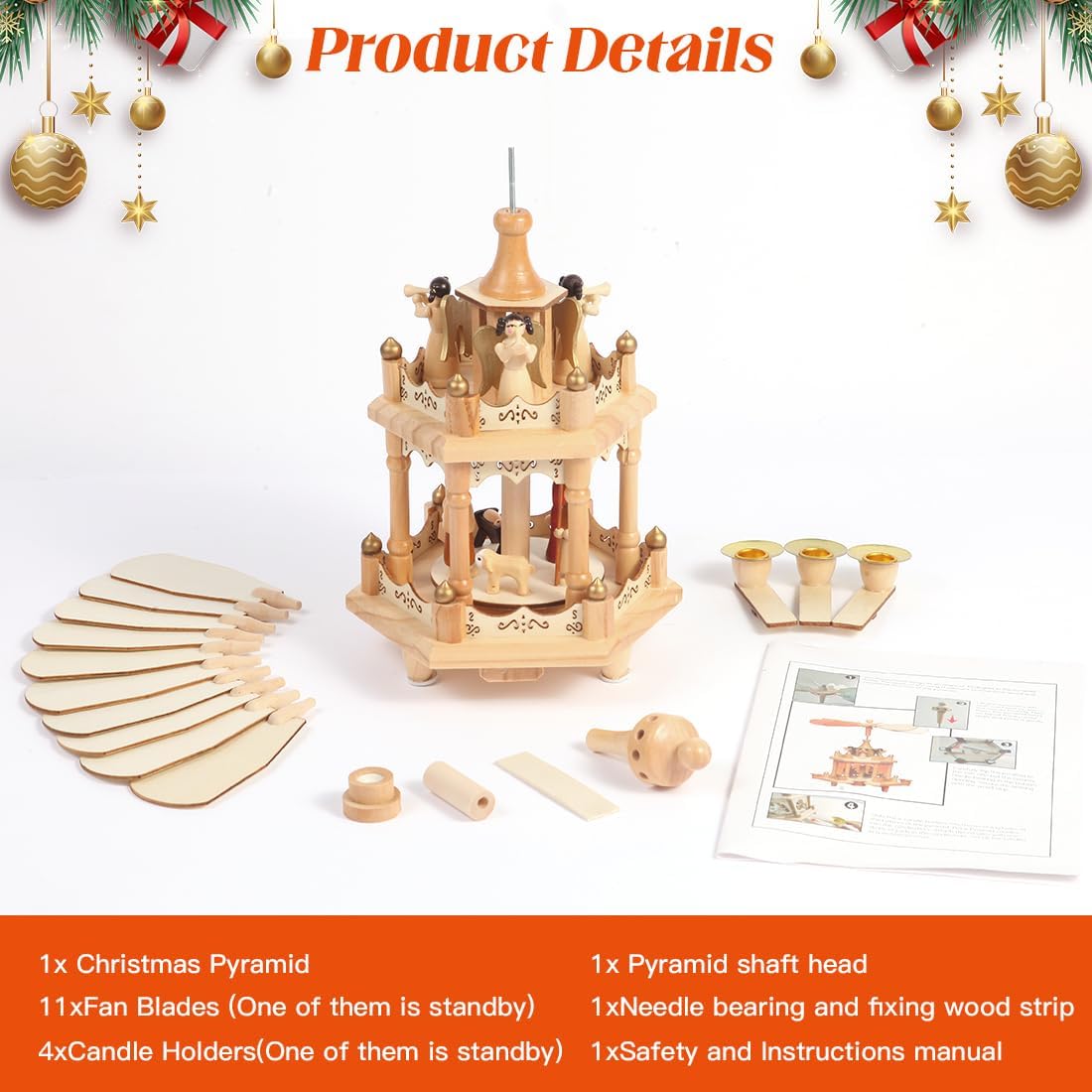Rotating Christmas Pyramids - 12-Inch Wood Nativity Scene with 3 Candle Holders
