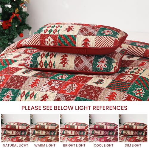 Christmas Quilt Queen Size 3-Piece Bedspread Set with Tree Design, Red & Green, 96x90 Inches - Merry Christmas Variation