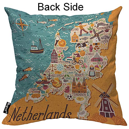 Mugod 18x18 Inch Map of Netherlands Decorative Pillow Cover - Dutch Landmarks & Windmill Design