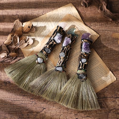 RENEMEGO Witchcraft Fluorite Crystal Broom - Wiccan Decor & Altar Supply