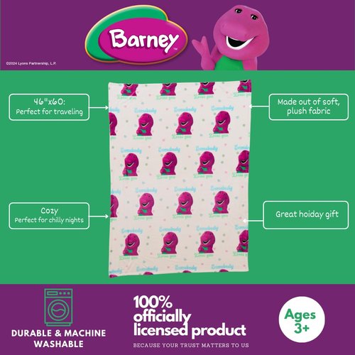 Franco Collectibles Barney Heart Retro Bedding Super Soft Cozy Plush Throw, 46 in x 60 in, (Officially Licensed Product)
