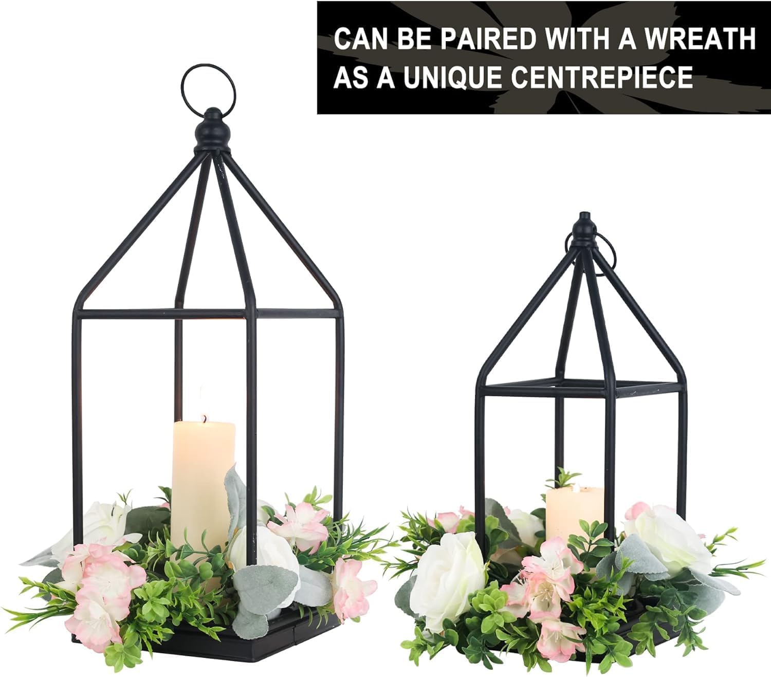 **DECORKEY Lanterns - Vintage Black Metal Candle Holders for Indoor & Outdoor Decor | 18" & 14" Sizes**