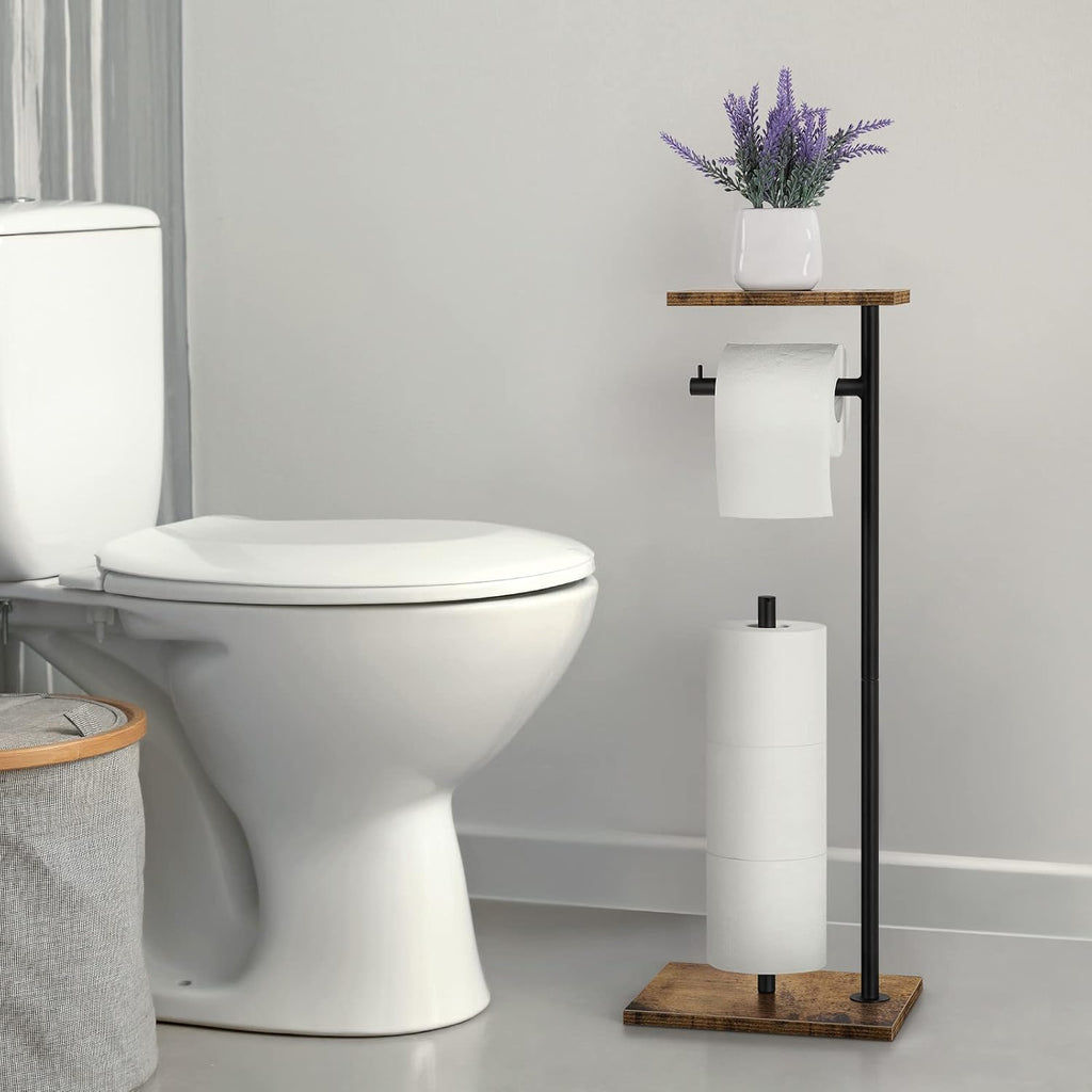 Rustic Brown Farmhouse Toilet Paper Dispenser - Free-Standing Holder with Shelf for Bathroom Storage