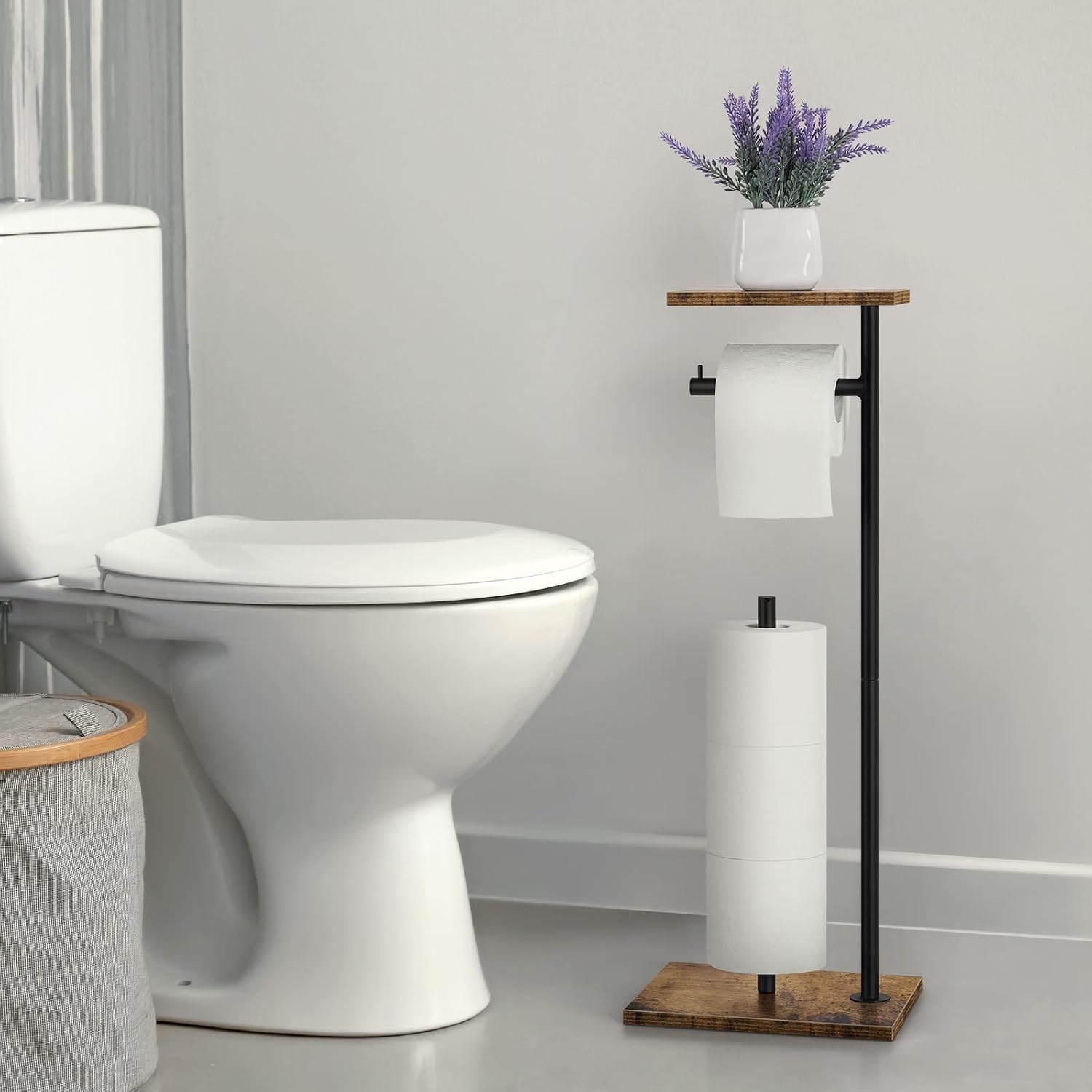 Rustic Brown Farmhouse Toilet Paper Dispenser - Free-Standing Holder with Shelf for Bathroom Storage