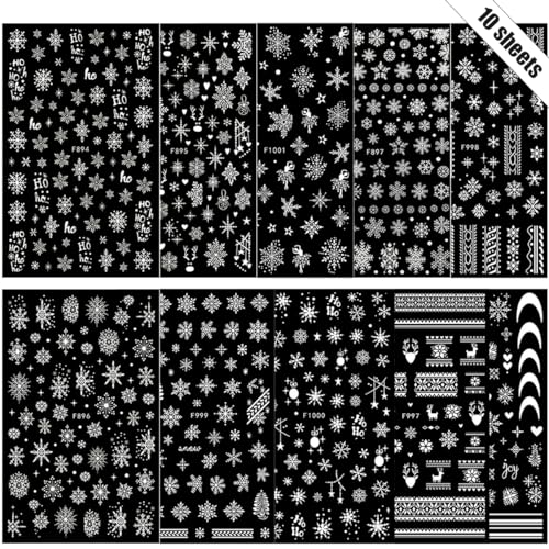 Christmas 3D Snowflake Nail Art Stickers 10 Sheets White Glitter Winter Decals