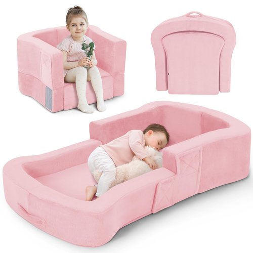 whiffee Toddler Travel Bed, 2-in-1 Foldable Portable Toddler Bed Sofa Chair, Soft Baby Kids Travel Floor Cot with Washable Covers Safety Foam Raised Bumper for Camping Hotel Sleeping (Pink)