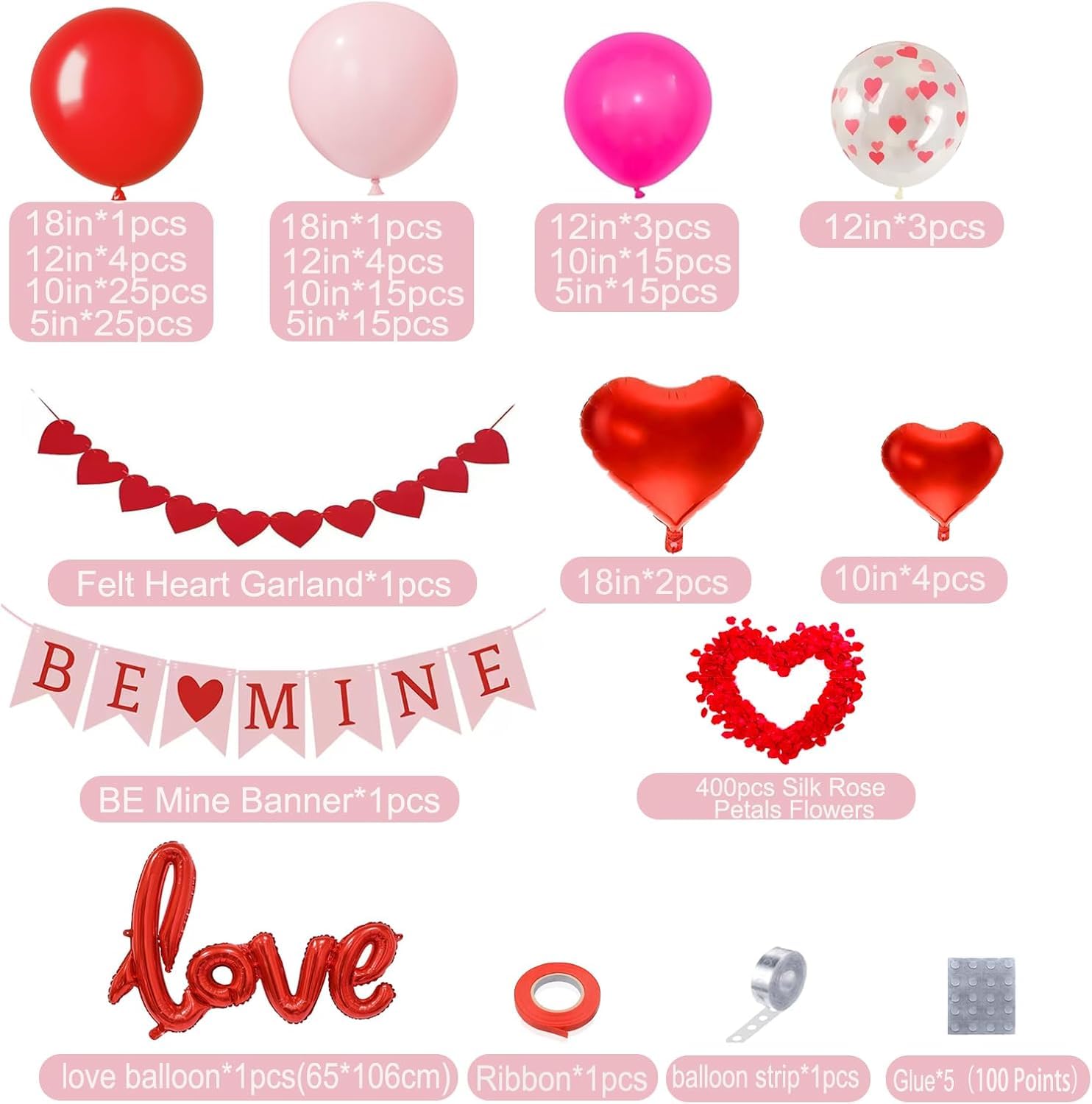 CboDeco Pink and Red Balloon Arch Kit, Red and Pink Balloons Garland With Heart Foil Balloon, Rose Petals, Banner & Garland for Valentine's Day Wedding Engagement Anniversary