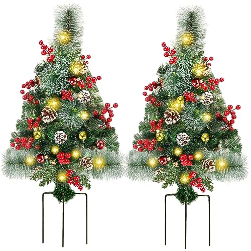 2 Pack 30 Inch Pre-Lit Artificial Christmas Pathway Trees with LED Lights, Berries & Pine Cones