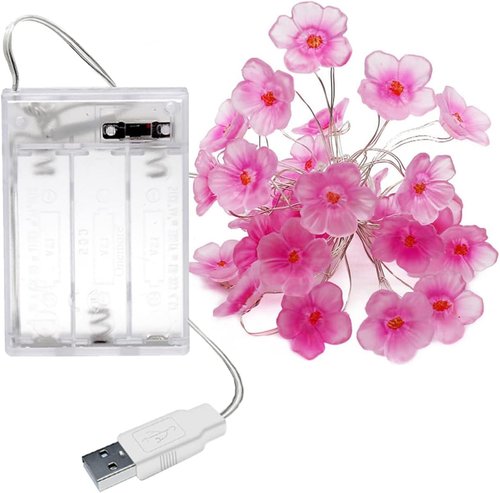 Cherry Blossom Flower String Lights, 10FT 30 LED Battery Powered Pink Fairy Lights USB Plug in Flowers Lights for Bedroom, Valentine’s Day, Room Wall Decor Decorations