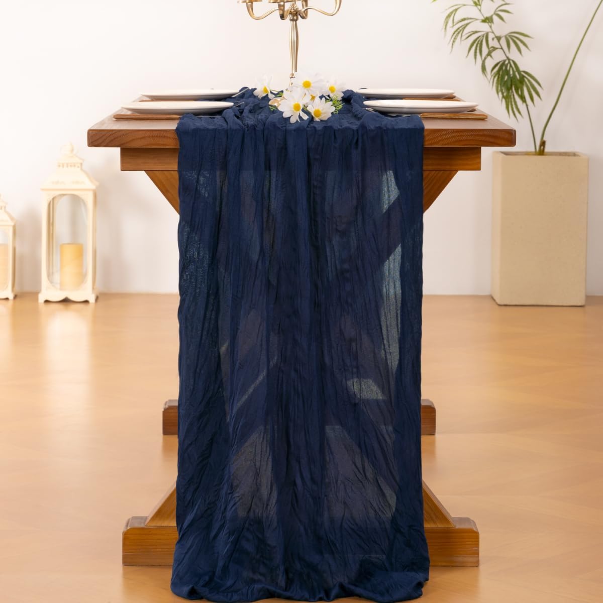 Socomi Cheesecloth Table Runner - Navy Blue Boho Rustic Design | 120 Inch for Weddings & Events