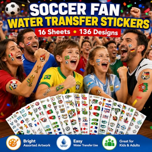 World Cup Soccer Temporary Face Tattoos - 16 Sheet Fan Party Pack
