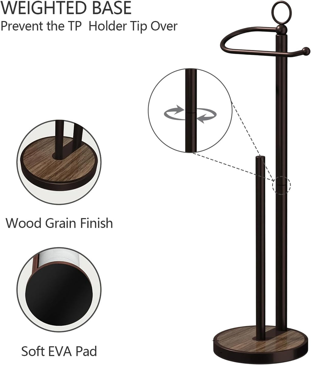 Skiennix Free Standing Toilet Paper Holder - Stylish Storage for 4 Rolls with Weighted Wood Grain Base - Black & Bronze