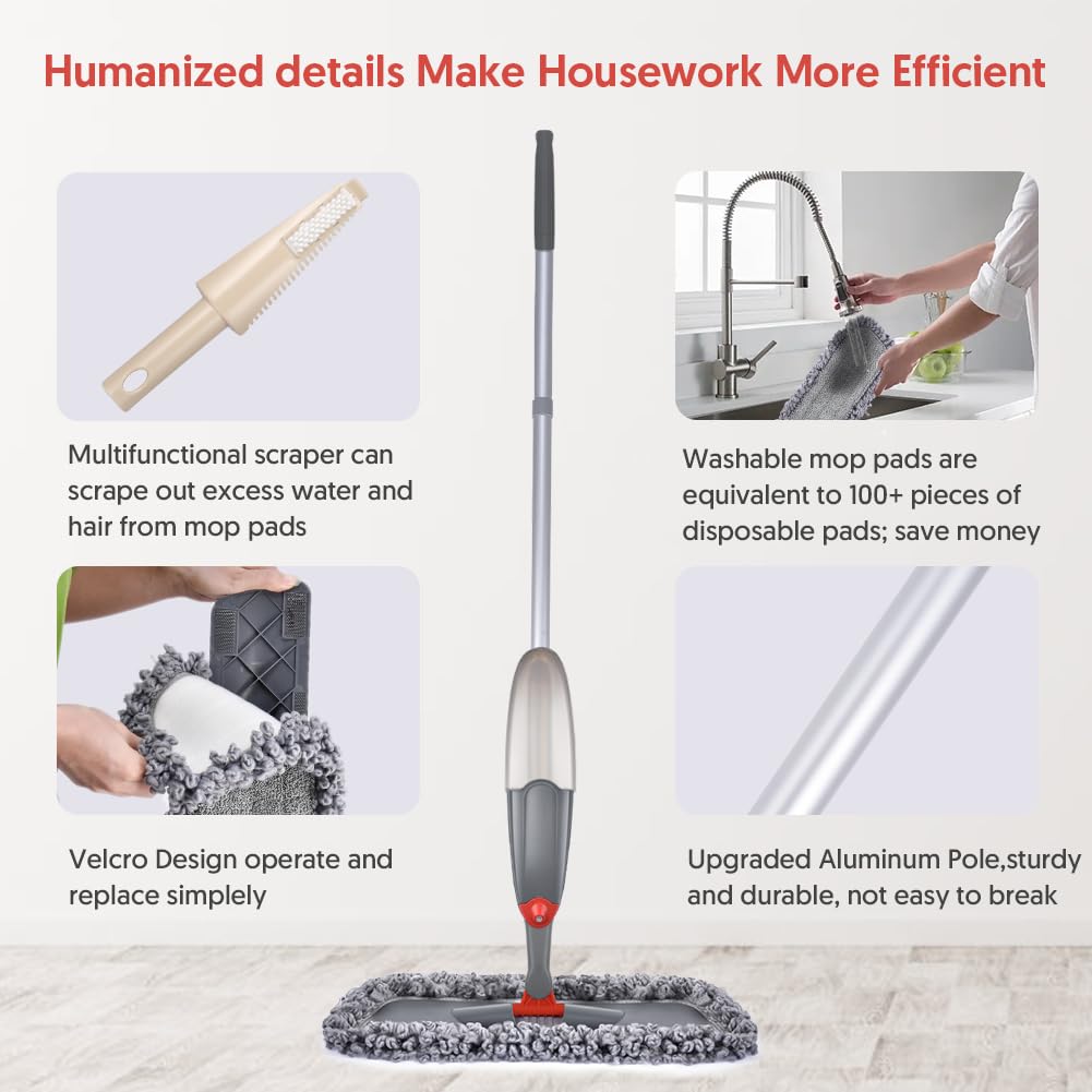 Microfibre Spray Floor Mops for Floor Cleaning, Domi-Patrol Cleaning Mops for Hardwood Laminate Tiles Floors, Dry Wet Mop Dust Mops with 3 Mop Heads Replacement Pads & 635 ML Bottle